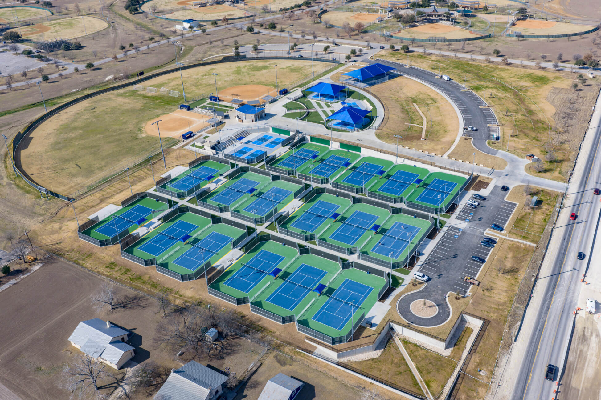 Tennis and pickleball courts at the Round Rock Parks and Recreation Adult Recreation Complex in February 2026.