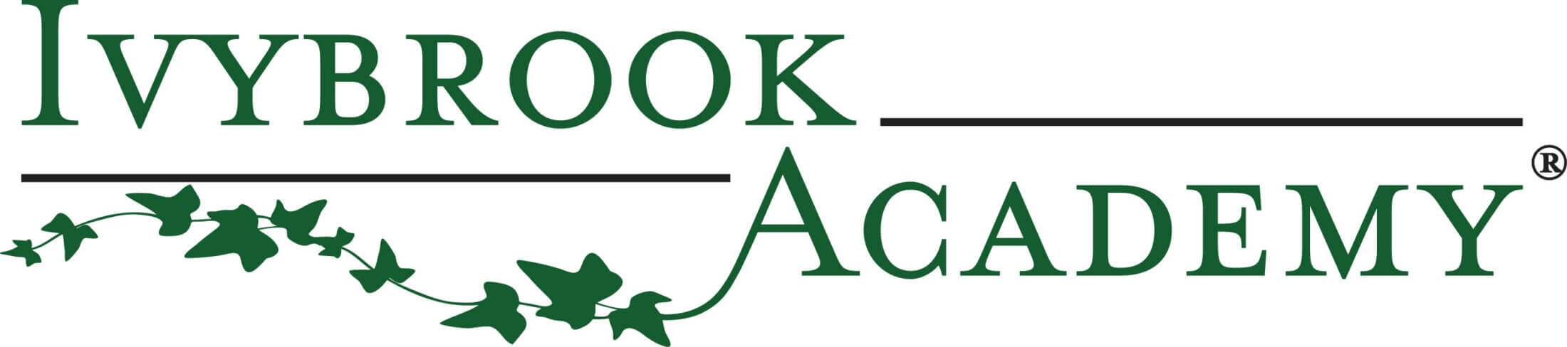 Logo for Ivybrook Academy with the words Ivybrook Academy in green capital letters, connected by a vine with green ivy leaves running under the text.