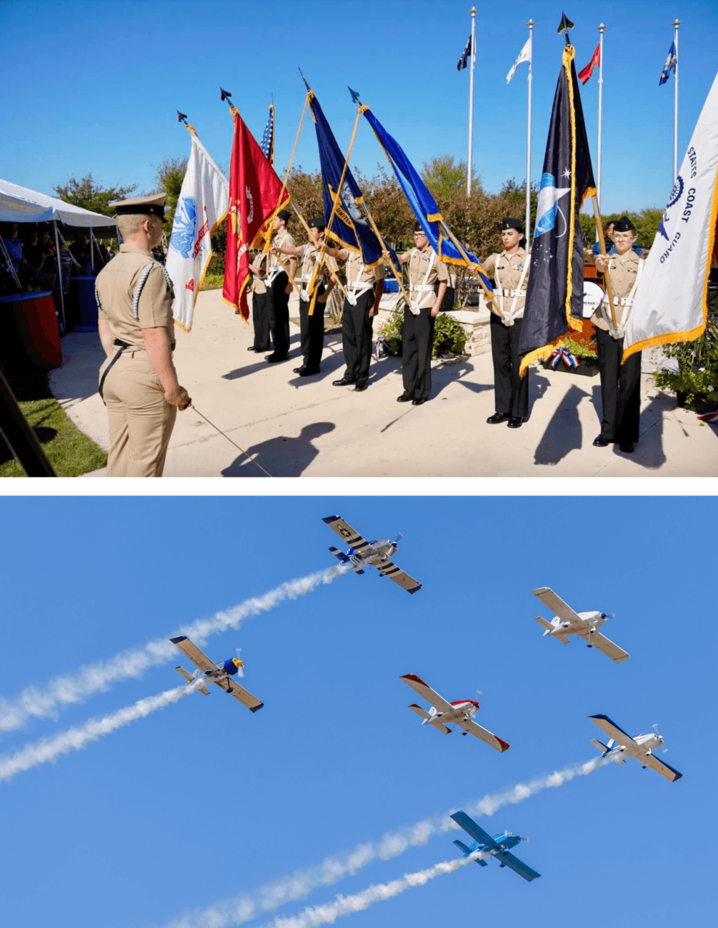 A military color guard stands with flags during a ceremony while an officer faces them; below, six airplanes fly in formation, trailing white smoke against a clear blue sky.