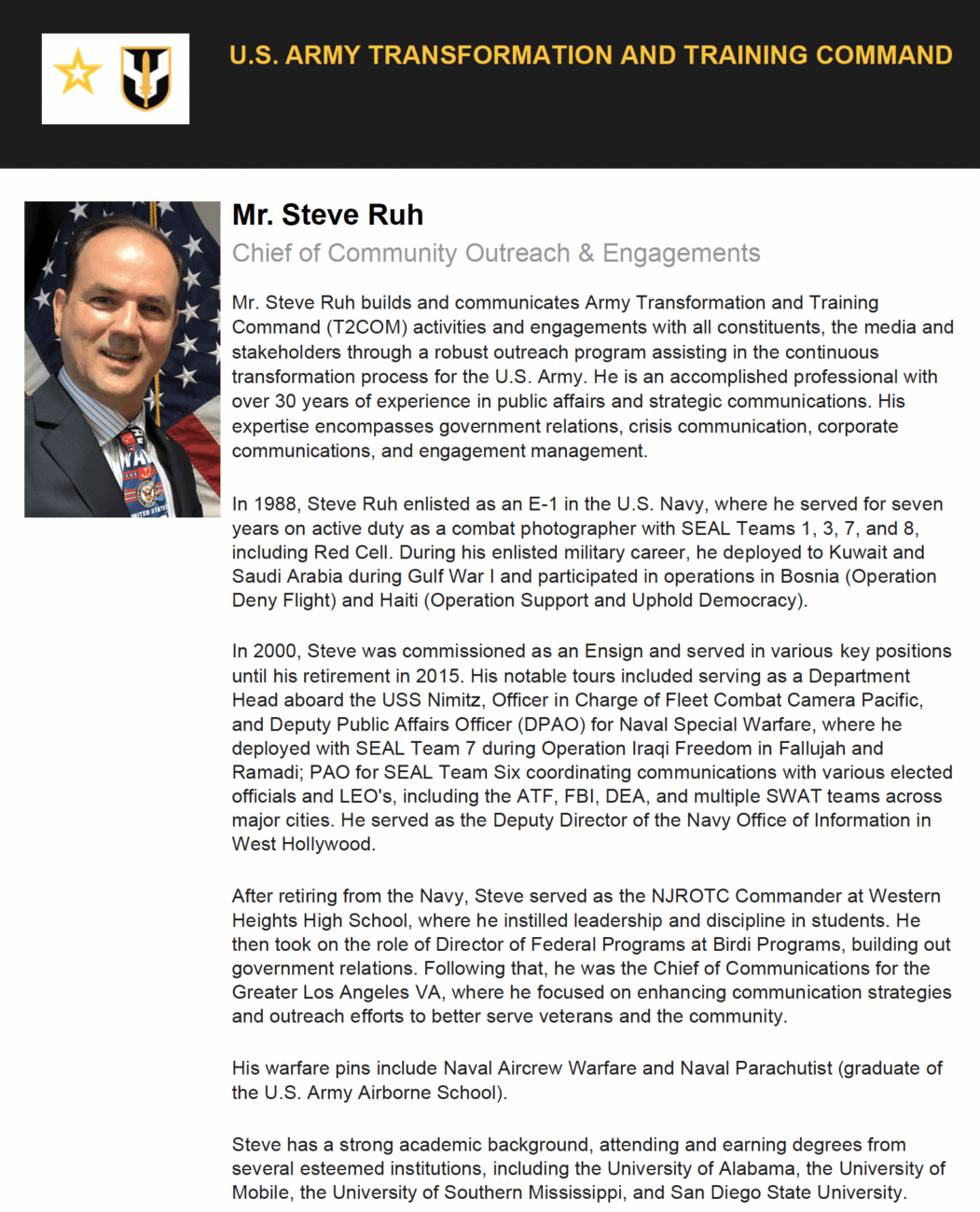 Profile page for Mr. Steve Ruh, Chief of Community Outreach & Engagements at U.S. Army Transformation and Training Command, with his photo, bio highlighting his Navy service, public affairs experience, and educational background.