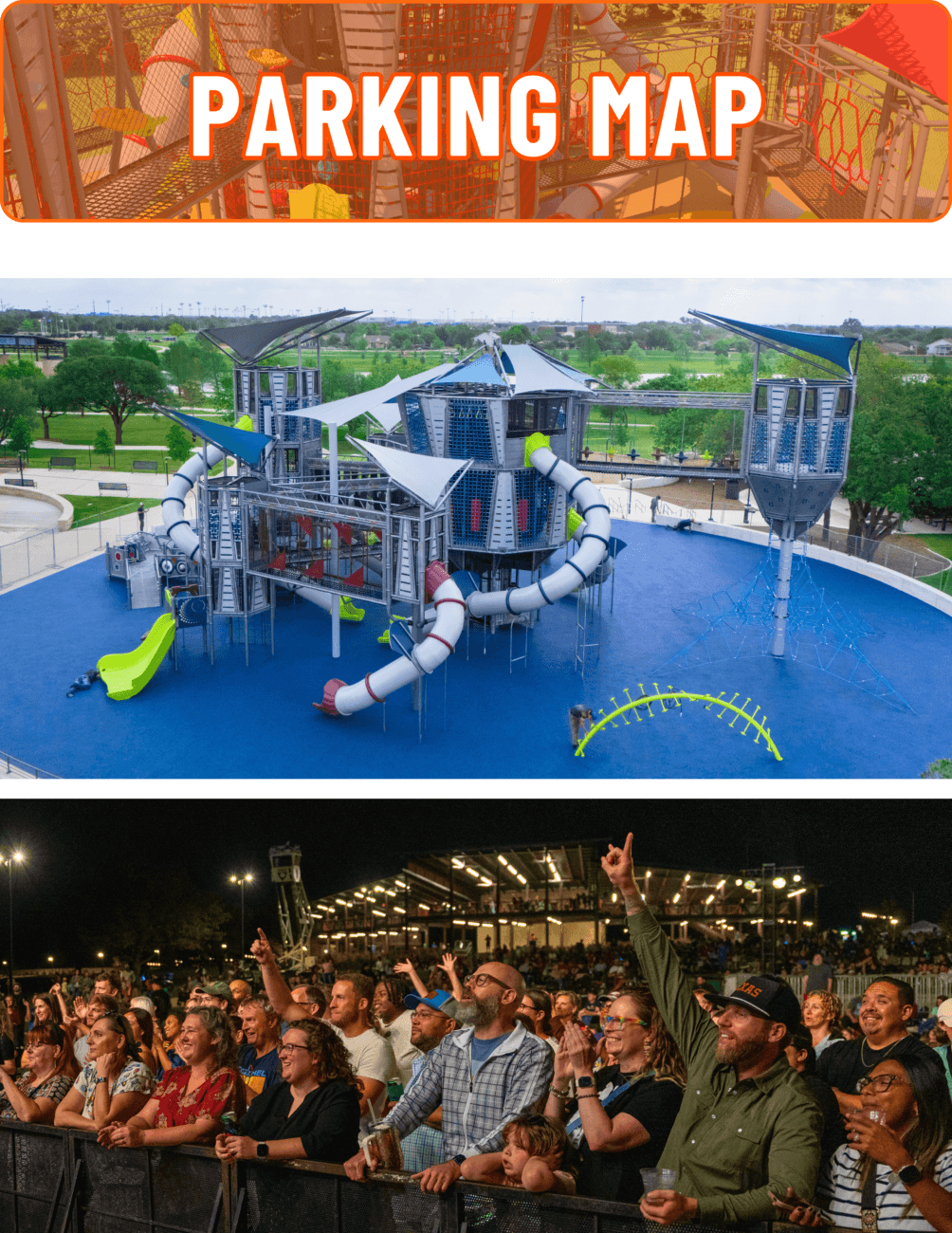 A collage showing a Parking Map sign, a modern playground with slides and climbing structures, and a crowd of people enjoying a concert at night.