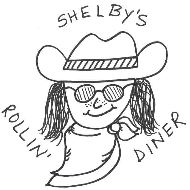Black and white drawing of a smiling person wearing a cowboy hat, sunglasses, and bandana. Text above and around reads “Shelby’s Rollin’ Diner.” The style is playful and cartoonish.