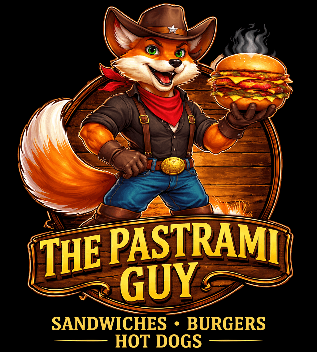 A cheerful cartoon fox in a cowboy hat and red bandana holds a large burger. Behind him is a wooden sign that reads The Pastrami Guy with Sandwiches • Burgers • Hot Dogs written below.