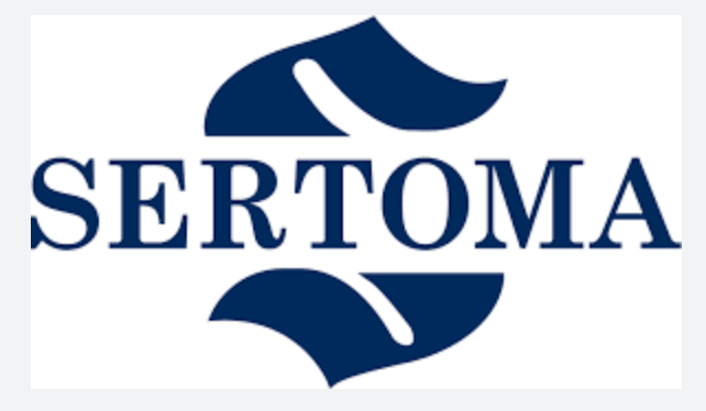 The image shows the word SERTOMA in bold blue letters, with two abstract blue shapes above and below the text, resembling stylized sound waves or leaves.