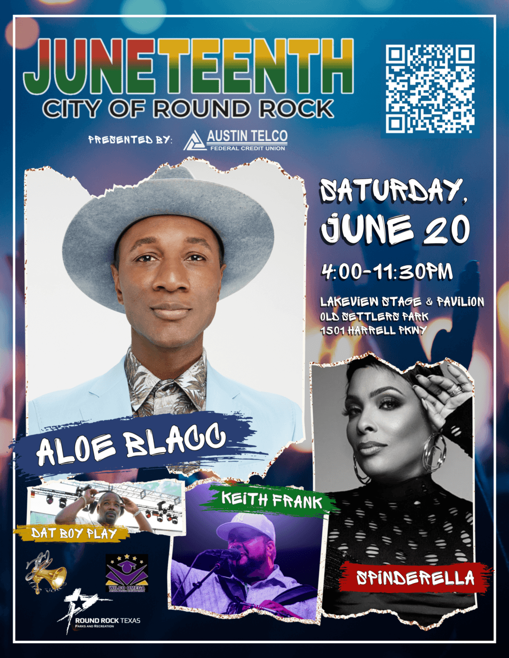 Colorful Juneteenth event poster for the City of Round Rock featuring artists Aloe Blacc, Spinderella, Dat Boy Play, and Keith Frank. Event is June 20, 4–11:30 PM at Lakeview Stage, Old Settlers Park.