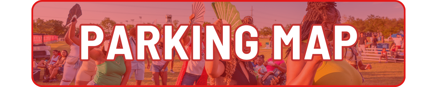 A group of people enjoying an outdoor event, dancing and raising their hands, with large bold text that reads PARKING MAP overlaying the image.
