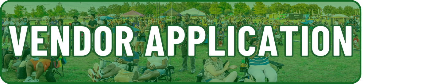 Large Vendor Application text overlaid on an outdoor event scene with many people sitting on the grass, vendors in tents, and trees in the background.