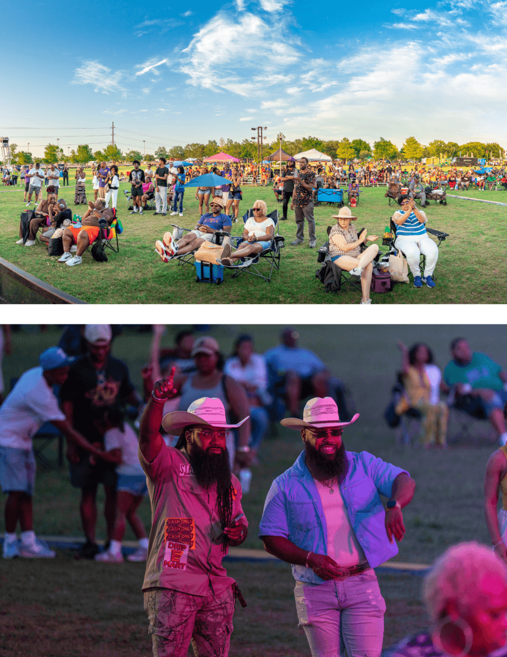 A lively outdoor festival with people sitting on lawn chairs and enjoying the event. Two men in cowboy hats, one pointing, stand in the foreground, smiling and engaging with the crowd.
