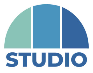 A stylized semicircle, reminiscent of round rock art, is divided into three colored sections above the word STUDIO in bold, capital letters. The left semicircle is light green, the center is teal, and the right is blue.