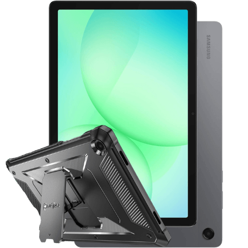 A green and blue digital tablet screen with black border. Behind it, the tablet's gray back panel with the Samsung logo. In the bottom left corner of the image, a rugged black tablet case with kickstand.