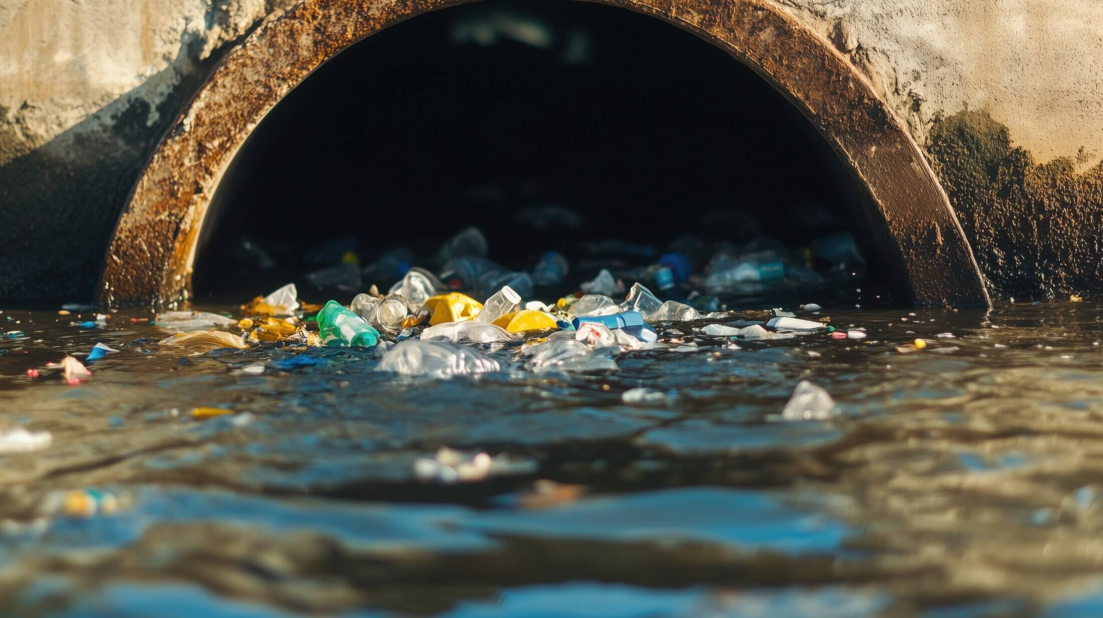 A storm drain filled with plastic bottles and other trash into a body of water, highlighting pollution and environmental contamination.