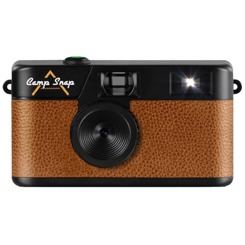 A rectangular brown and black digital camera with a round black lens and a white Camp Snap logo in the top left corner.