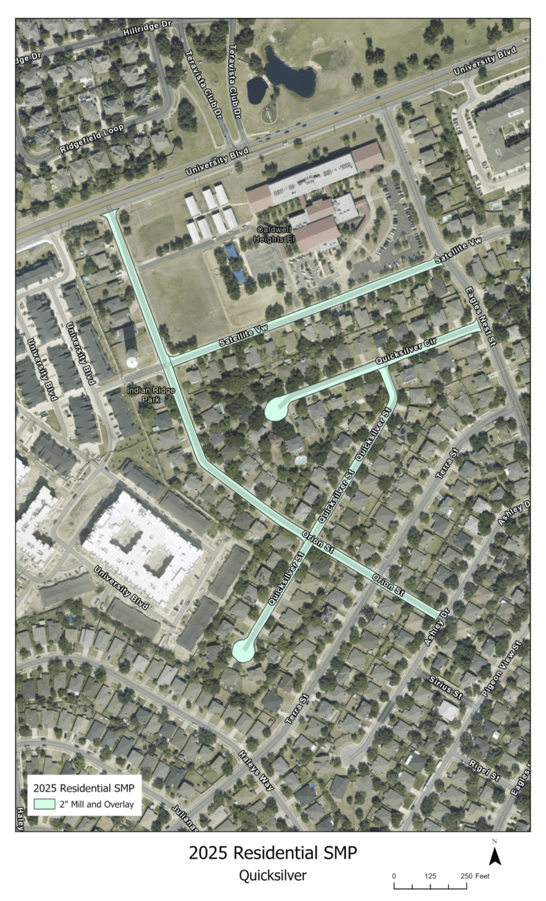 Aerial map of a residential area with highlighted light blue lines and circles showing 2025 Residential SMP areas for 2 Mill and Overlay. Streets, houses, and landmarks are visible. North arrow and scale included.