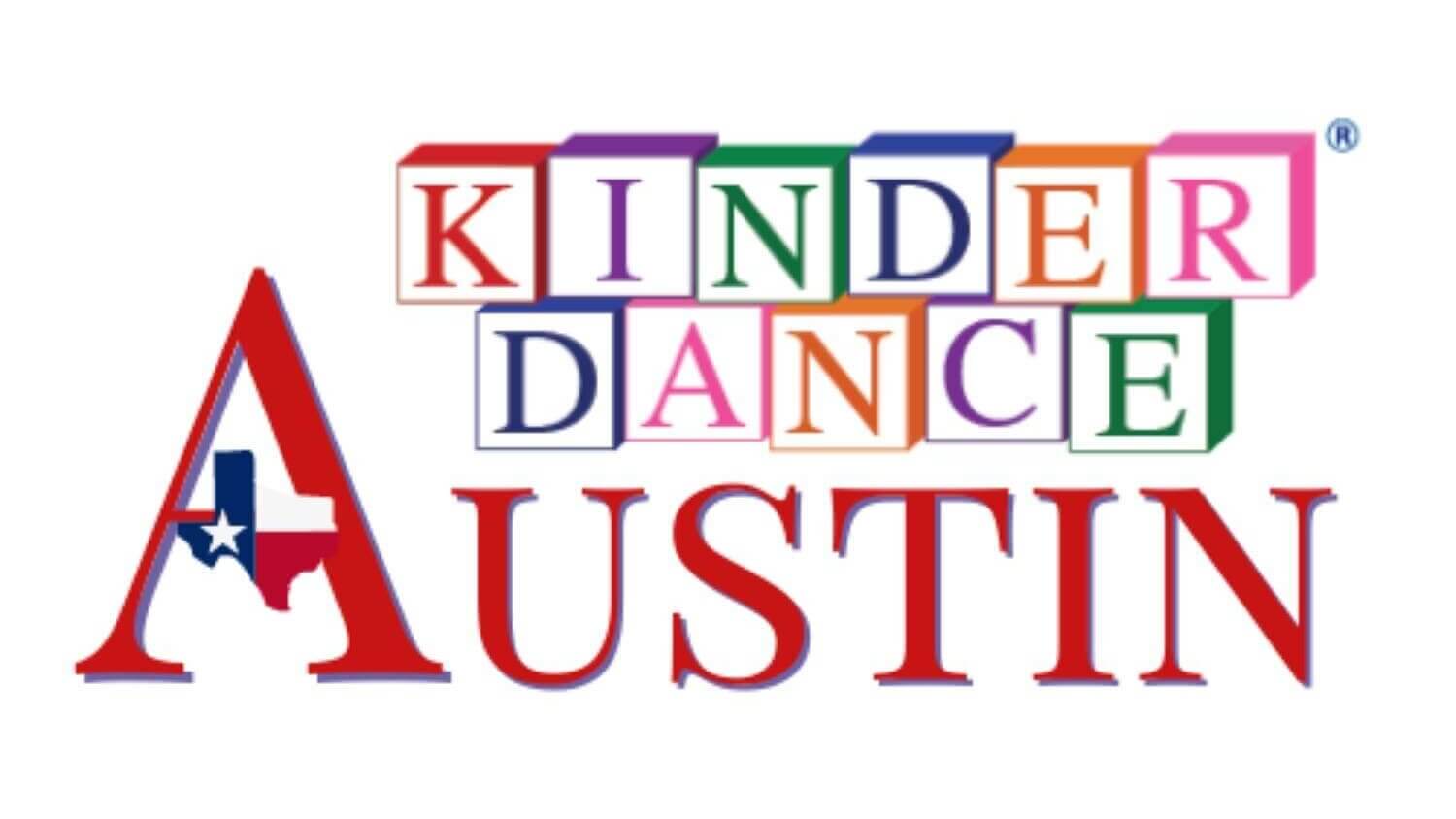 Logo for KinderDance Austin. The words “Kinder Dance” appear in colorful block letters above the word “Austin” in red text, with the “A” shaped like Texas with a star—perfect for Pop Up Play Day 2024 events and celebrations.
