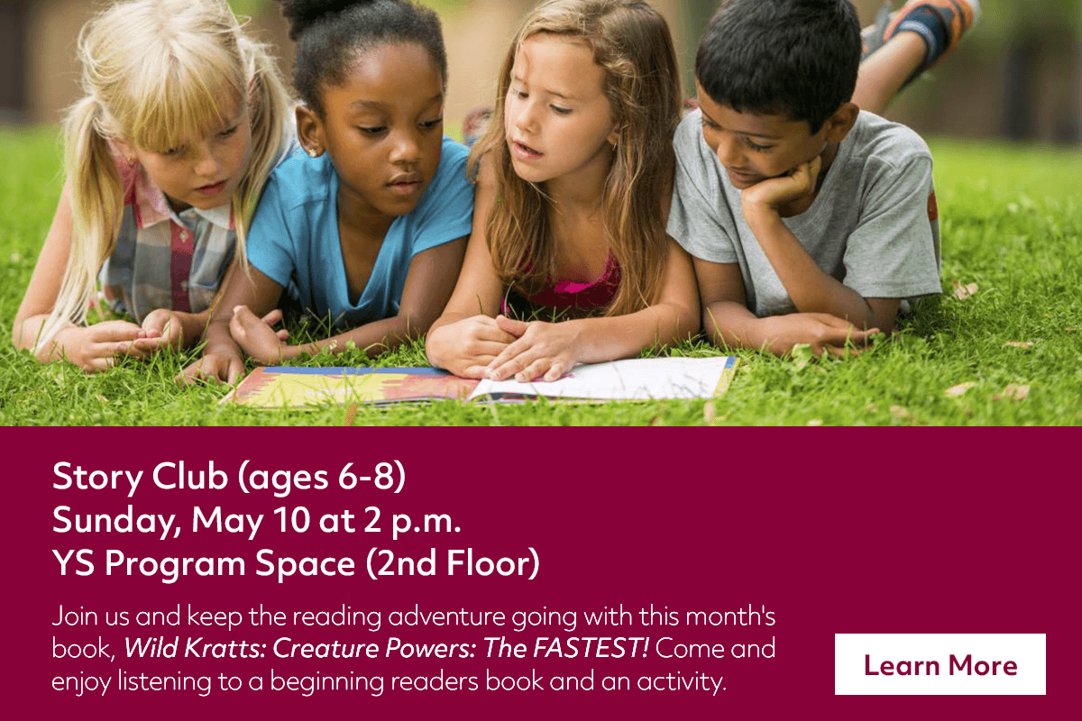 Four children, two girls and two boys, lie on grass outside, closely reading a book together. Text at the bottom promotes a Story Club event for ages 6-8 at a library, with date, time, location, and book details.