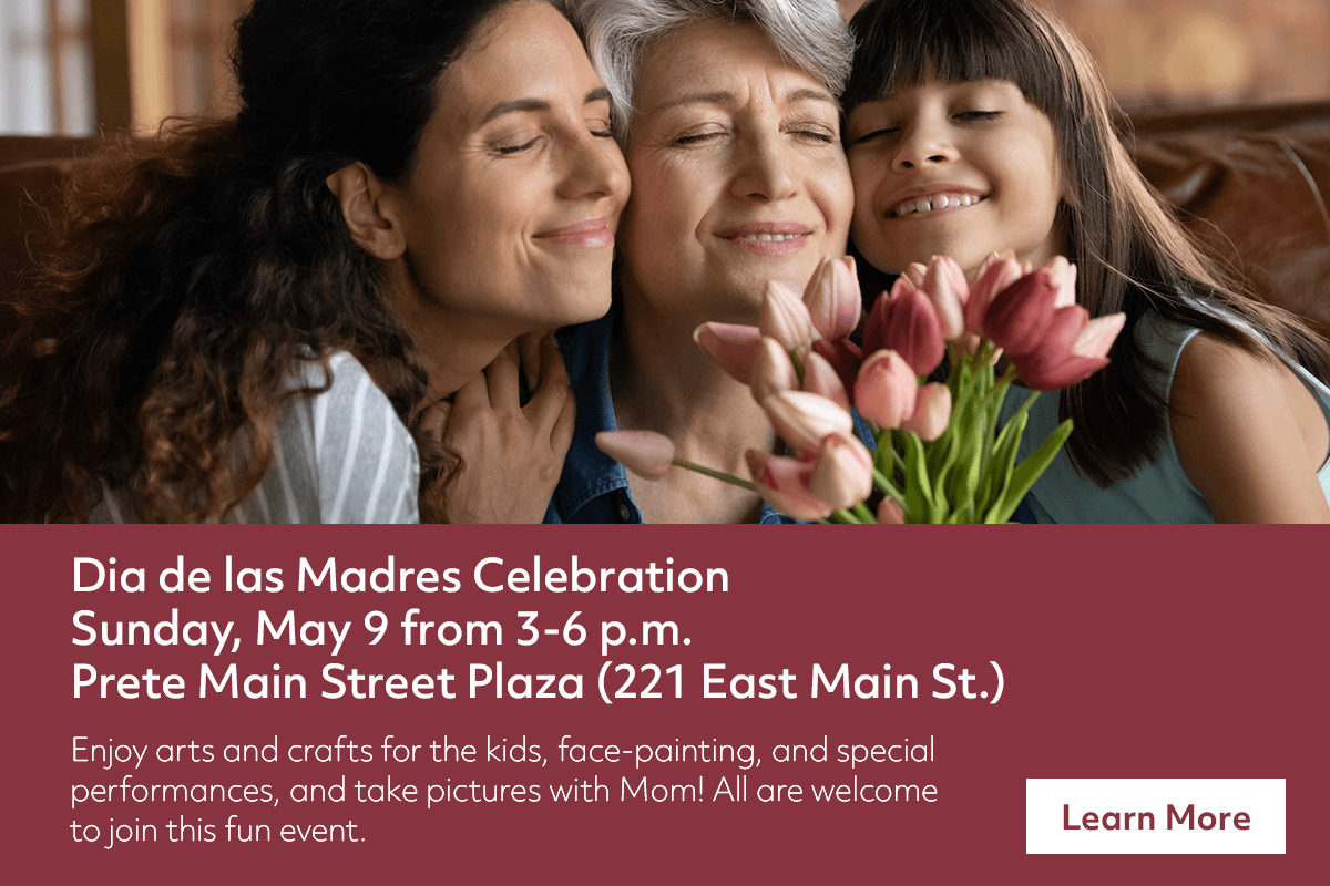 Three generations of women—child, mother, and grandmother—smile and hug while holding a bouquet of tulips. Event details about a Mother’s Day celebration are displayed in a purple banner at the bottom.