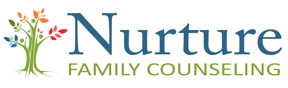 Logo for Nurture Family Counseling featuring a stylized tree with multicolored leaves on the left and the words Nurture Family Counseling in blue and green text to the right.