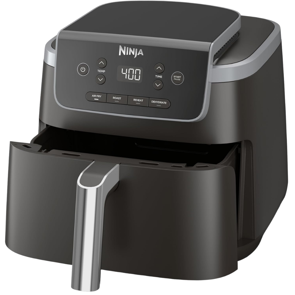 A black air fryer with a single basket drawer, marked with the silver Ninja logo.