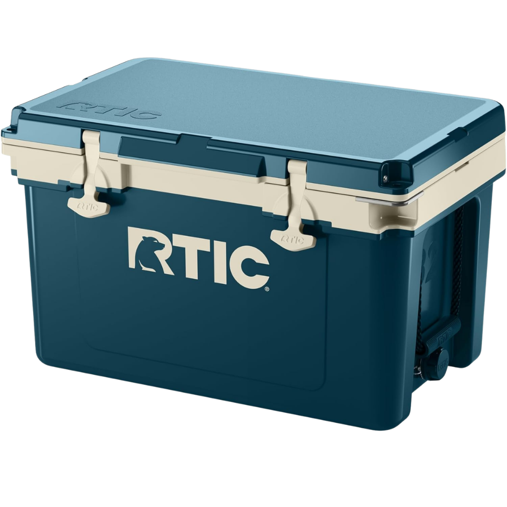 A dark blue hard-sided cooler with off-white RTIC logo.