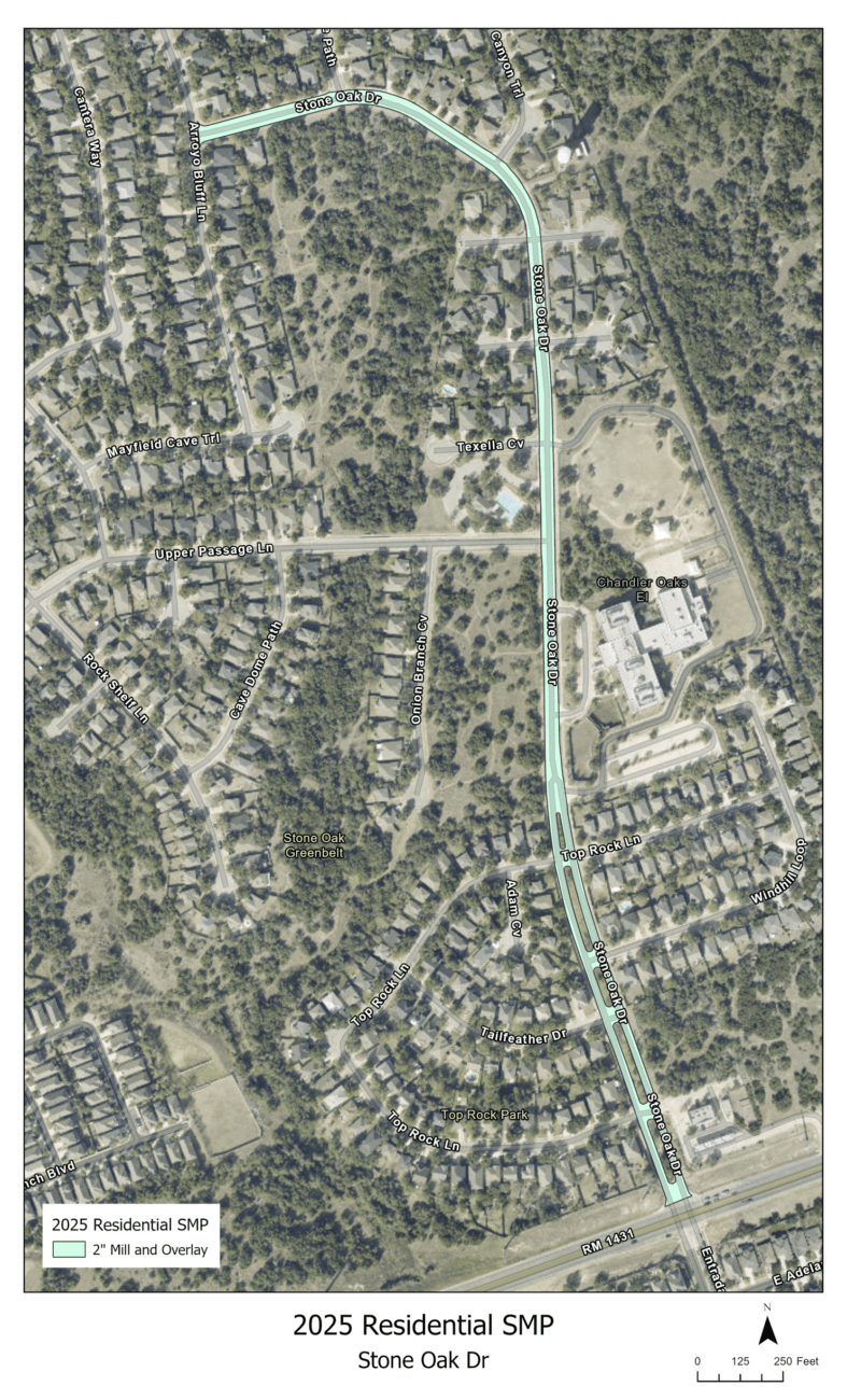 Aerial map showing the planned 2025 Residential SMP project along Stone Oak Dr., marked in blue, passing through a residential area with houses, trees, and a school. A legend and scale are included at the bottom.