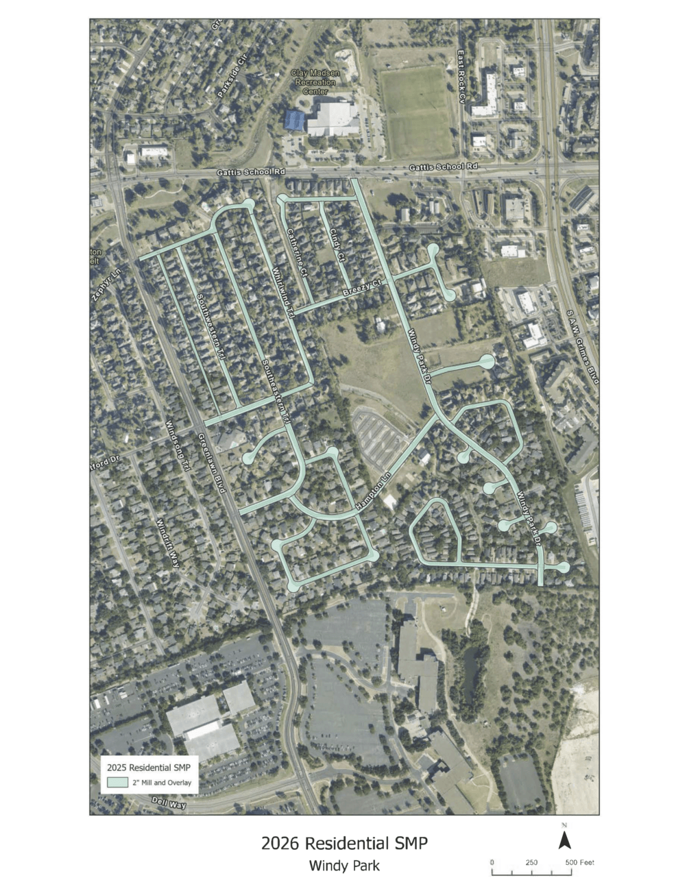 Aerial map showing the 2026 Residential SMP for Windy Park, with highlighted streets, parks, and neighborhoods. The map includes a legend and scale bar at the bottom left corner. North is oriented at the top.