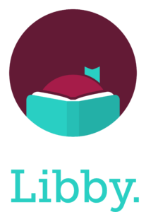 Libby app logo featuring an open teal book with a maroon circle and a small bookmark on top. The word Libby. is written in large teal letters below the image.