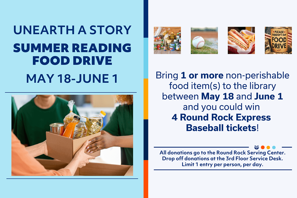 Flyer promoting a summer reading food drive, May 18–June 1. It encourages donating non-perishable food at the library for a chance to win baseball tickets. Image shows people holding a box of food donations.
