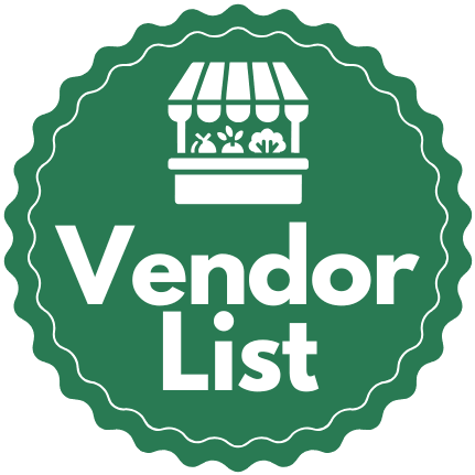 Green badge with a white market stall icon at the top showing produce, and the words Vendor List in bold white letters below the icon.