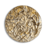 A circular abstract artwork with a crumpled, textured surface in shades of beige, cream, and hints of yellow and brown on a white background.