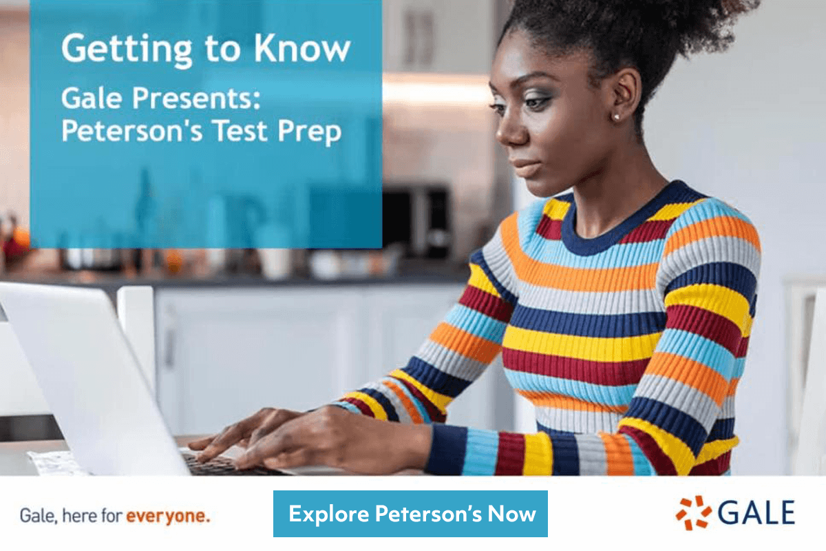 A woman in a colorful striped sweater works on a laptop in a bright kitchen. Text reads: Getting to Know Gale Presents: Petersons Test Prep. Gale logo and Explore Petersons Now button are displayed.