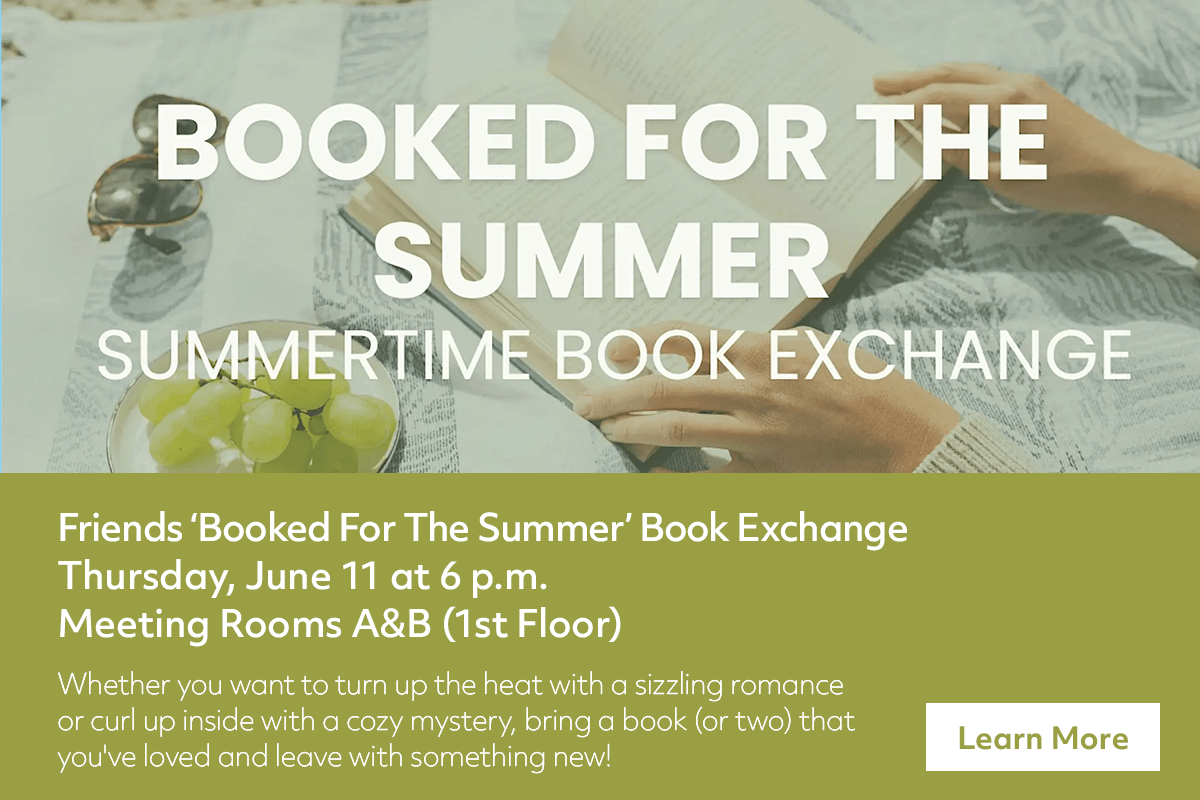 A person reading a book outdoors on a wooden table with green grapes beside them; overlaid text promotes a summertime book exchange event with details for date, time, and location.