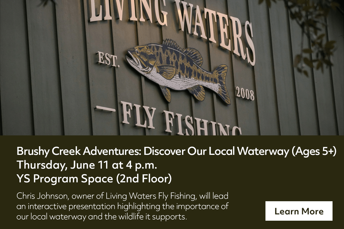 A building with a fish sculpture and Living Waters Fly Fishing sign. Text below advertises a wildlife program for ages 5+ on June 11, led by Chris Johnson, with a Learn More button.