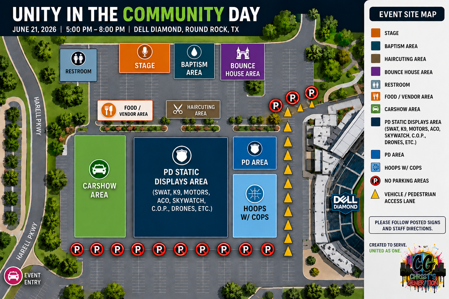 Event site map for Unity in the Community Day at Dell Diamond, Round Rock, TX, showing areas for stage, baptism, bounce house, car show, police displays, food vendors, hoops with cops, parking, and restrooms.