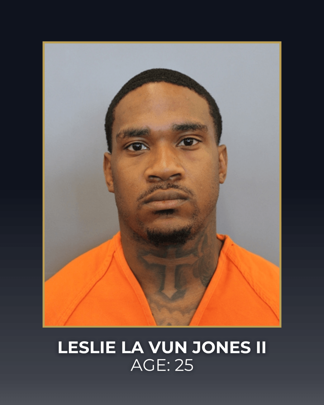 A man wearing an orange prison uniform stares straight at the camera with a neutral expression. The text below reads: Leslie La Vun Jones II, Age: 25.