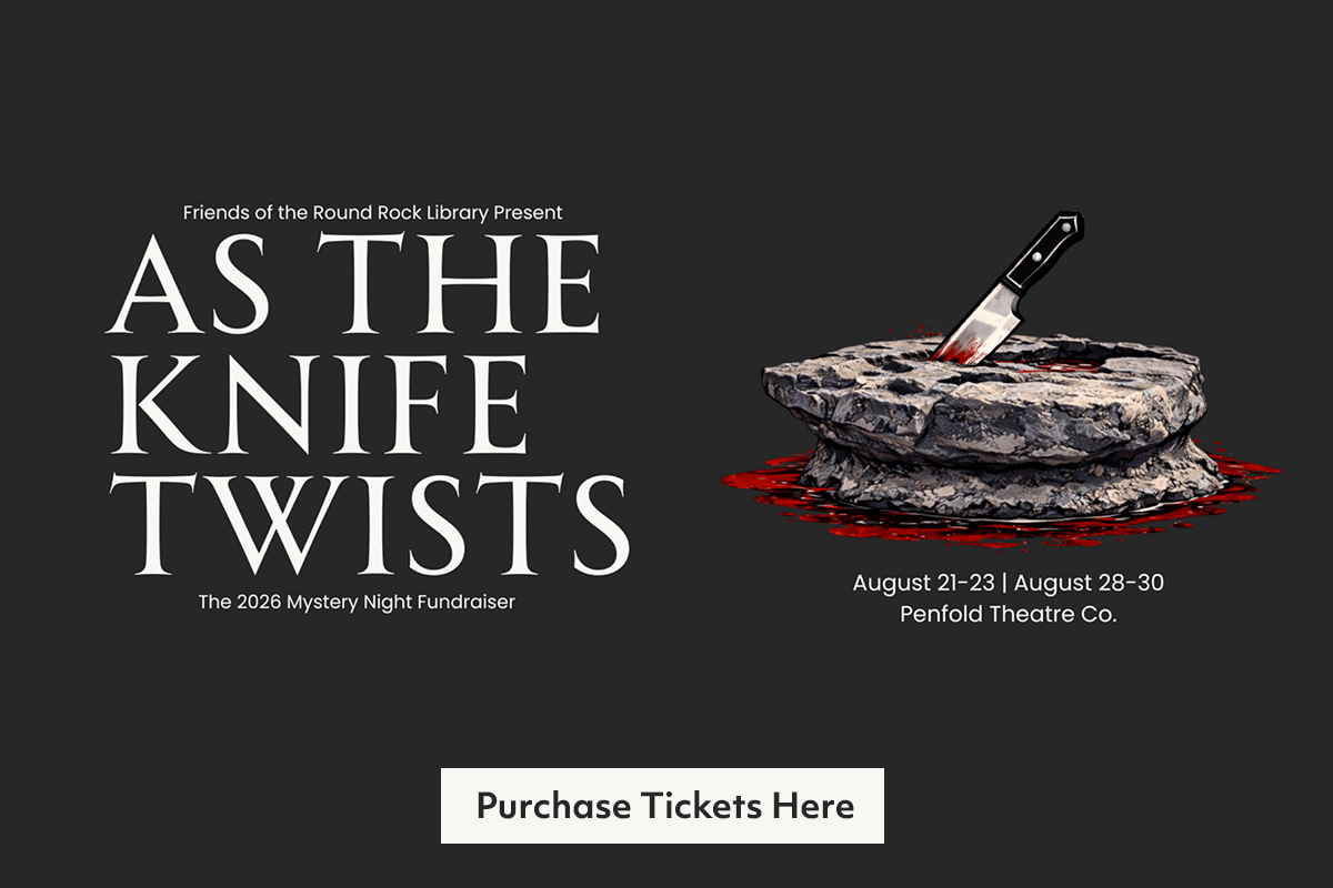 A dark theater event poster for As the Knife Twists shows a bloody knife stuck in a stone slab with blood pooling around it. Event dates and location are listed, with a button that says Purchase Tickets Here.