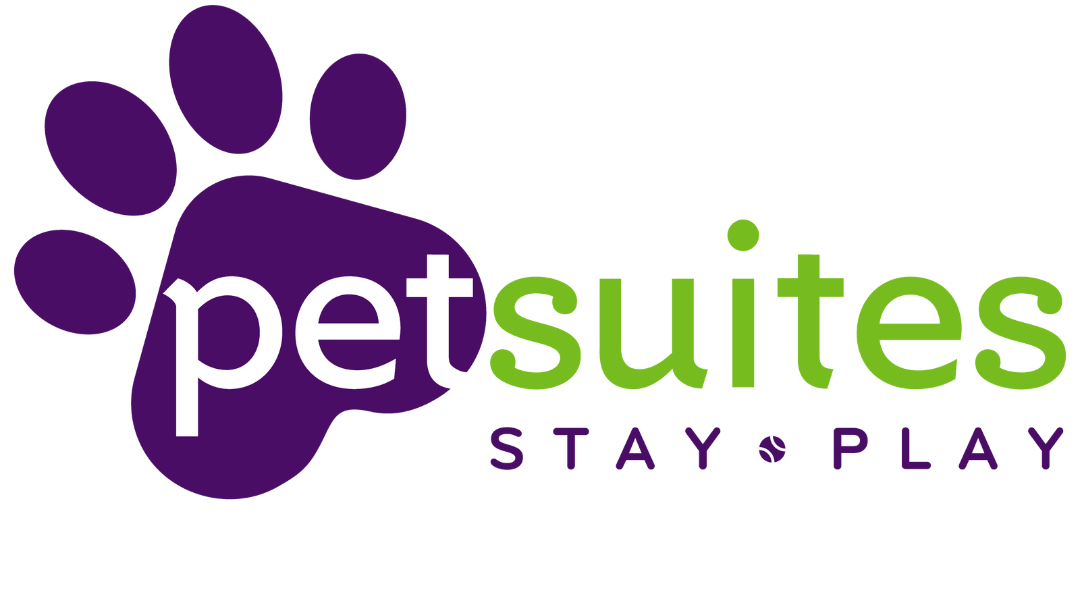 Logo for PetSuites Stay & Play featuring a large purple paw print to the left and the text petsuites with pet in purple and suites in green. STAY & PLAY is written below in purple letters, celebrating Pop Up Play Day 2024.