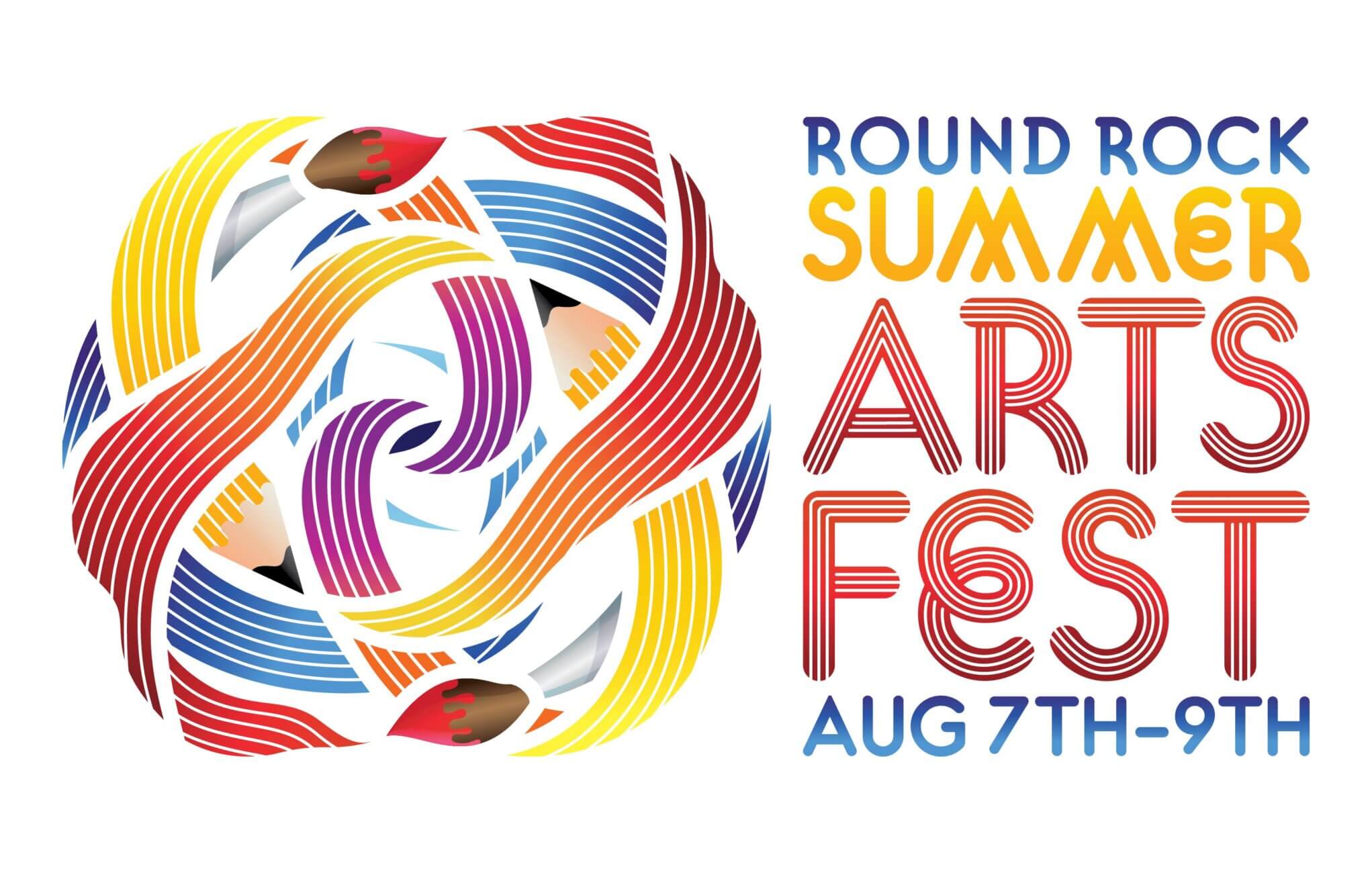 Colorful abstract swirl design on the left. On the right, text reads: Round Rock Summer Arts Fest Aug 7th-9th. Text is in bold, artistic fonts with red, yellow, and blue accents.