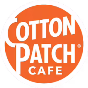 Circular orange logo with bold white text reading Cotton Patch Cafe in three lines, featuring enlarged, overlapping C and P—perfect for promoting a summer reading program or community reading challenge.
