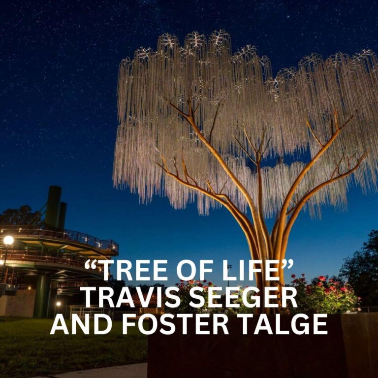 A glowing metallic tree sculpture titled “Tree of Life” stands outdoors at night, illuminated against a starry sky, with modern buildings and trees visible in the background. Text overlays the image with the artists’ names.