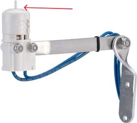 A white electrical sensor with a metal mounting bracket, blue wires, and an arm attached; a red arrow points to the top of the sensor.
