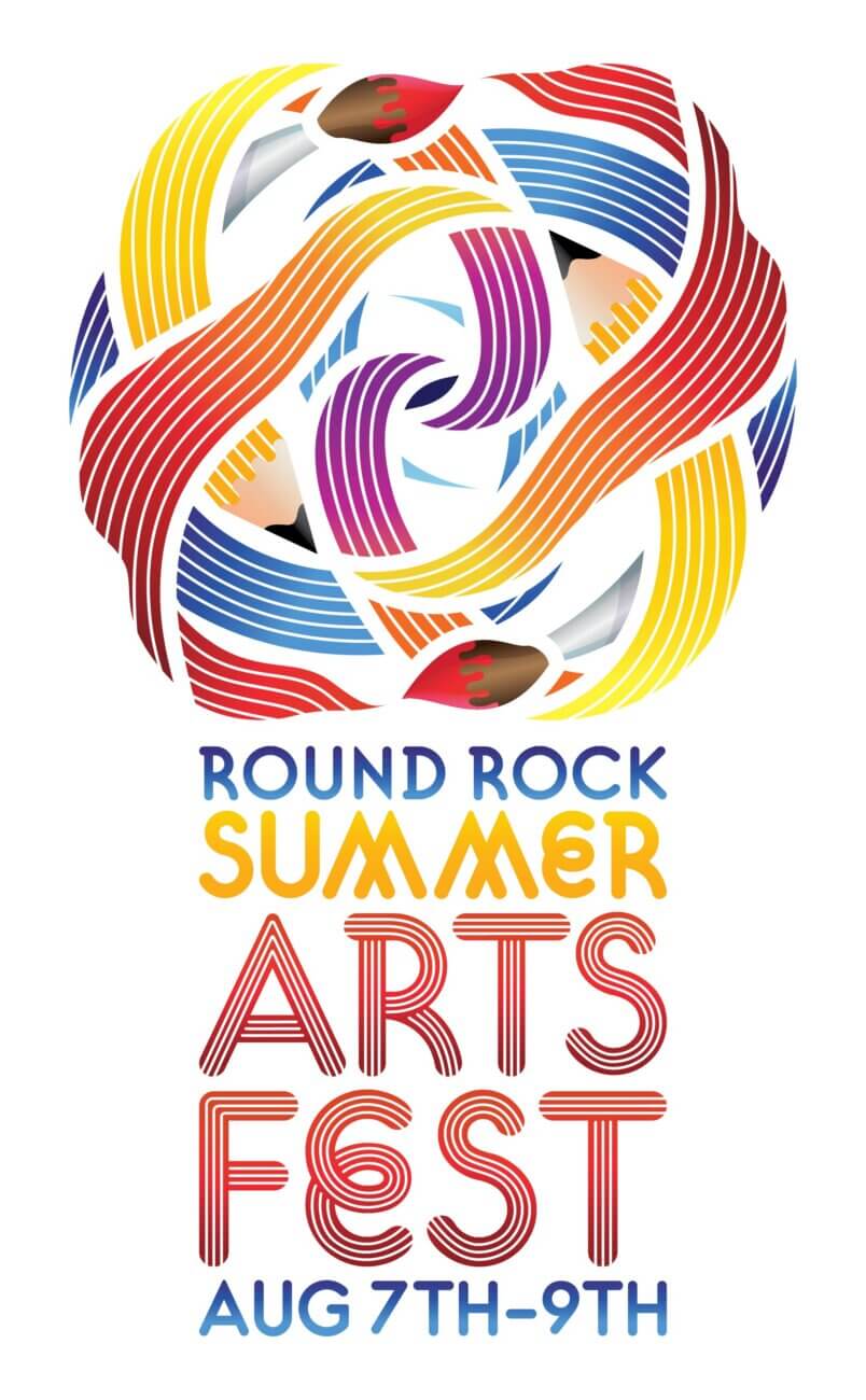 Colorful abstract swirl design above text that reads: Round Rock Summer Arts Fest Aug 7th-9th. The design features wavy lines in red, yellow, blue, orange, and brown.