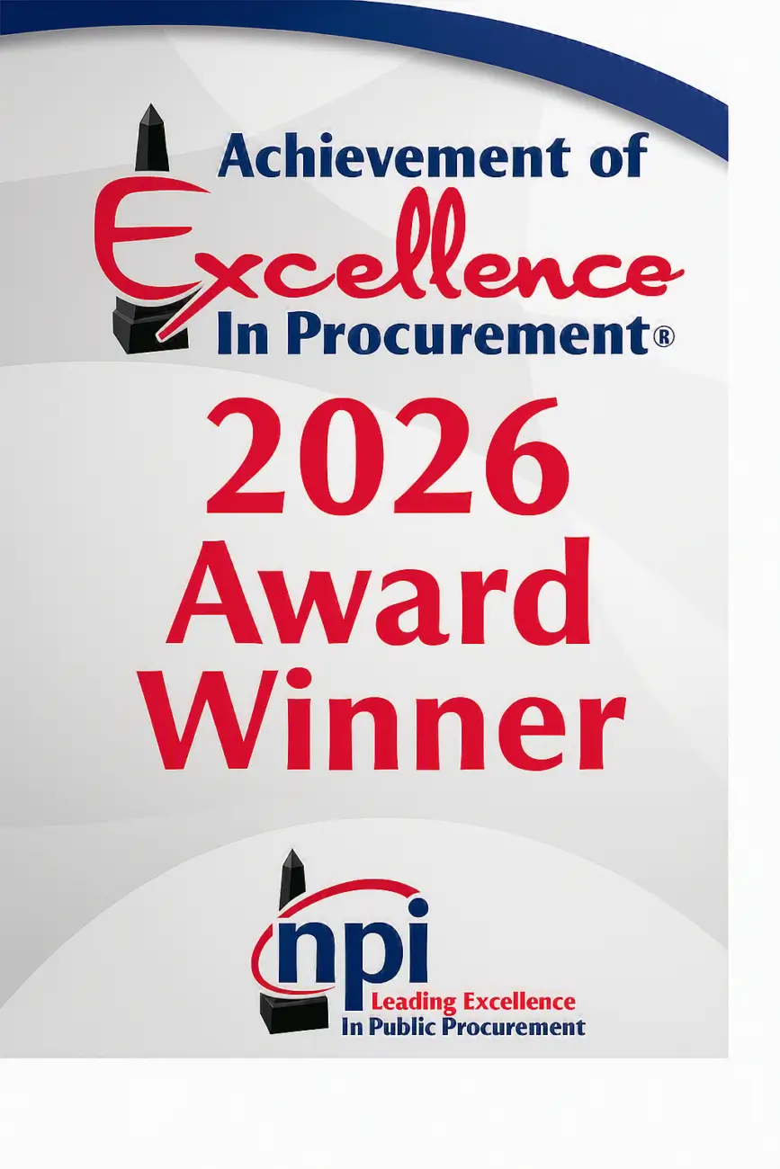 Poster reading: Achievement of Excellence in Procurement® 2026 Award Winner. Below is the NPI logo and the tagline, Leading Excellence In Public Procurement, on a white background with red and blue text.
