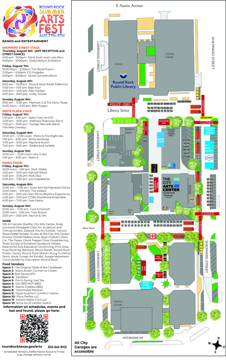 Map of the Round Rock Suave Arts Fest, showing venue layout, event locations, performance times, food areas, restrooms, parking, and accessibility routes, with color-coded sections and a list of scheduled activities for August 9-11.
