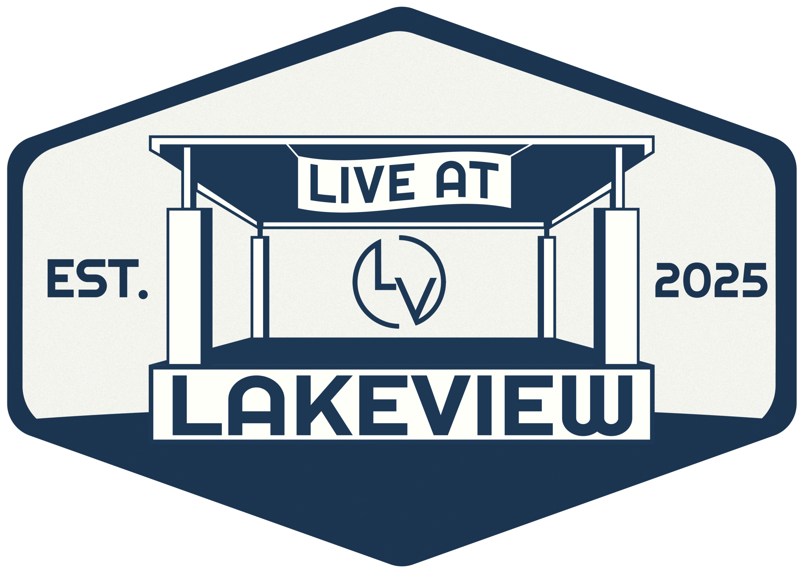 Hexagonal logo with a stage illustration, a banner reading LIVE AT, and LAKEVIEW in large text. EST. 2025 appears on the sides with a circular LV symbol at center stage. Navy blue and white color scheme.