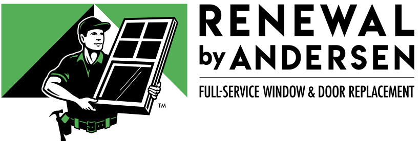 A cartoon worker holds a window frame next to the Renewal by Andersen logo with the tagline Full-Service Window & Door Replacement on a white background.