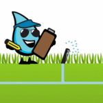 Cartoon water droplet wearing sunglasses and a visor, holding a clipboard and a flashlight, inspecting a sprinkler spraying water on green grass.