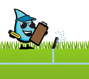 Cartoon water droplet wearing sunglasses and a visor, holding a clipboard and a flashlight, inspecting a sprinkler spraying water on green grass.