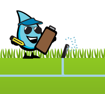 Cartoon water droplet wearing sunglasses and a visor, holding a clipboard and a flashlight, inspecting a sprinkler spraying water on green grass.