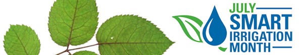 Green leaves on the left and the words July Smart Irrigation Month with a blue water droplet and green leaf icon on the right.