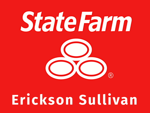 State Farm logo on a red background, featuring three white ovals stacked and the name Erickson Sullivan in white below the logo.